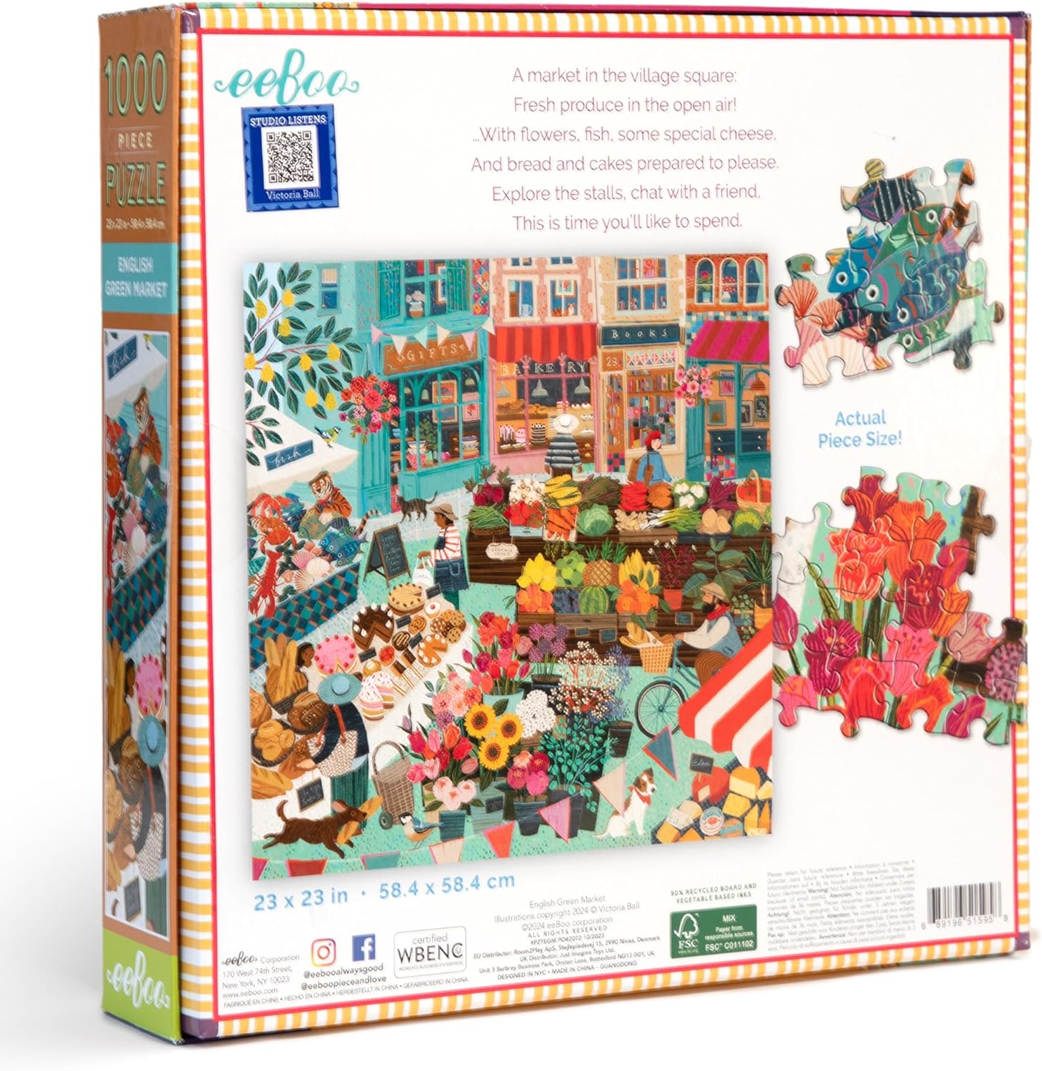 eeBoo English Green Market 1000 Teile aus recyceltem Karton-Buntes Puzzle auf dem Dorfmarkt-PZTEGM, grün