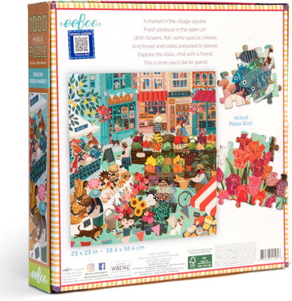 eeBoo English Green Market 1000 Teile aus recyceltem Karton-Buntes Puzzle auf dem Dorfmarkt-PZTEGM, grün