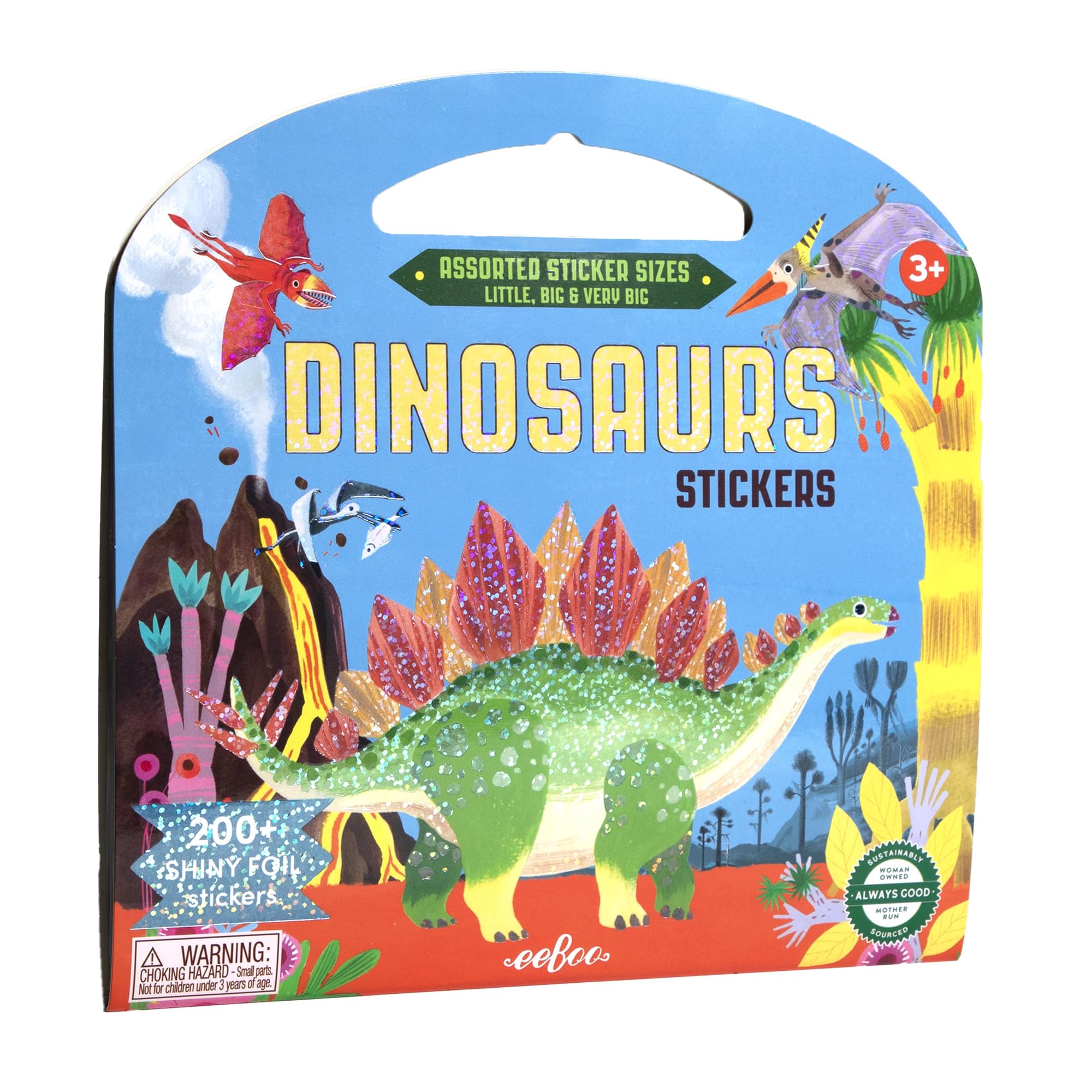 eeBoo: Libro di adesivi con dinosauri, oltre 200 adesivi scintillanti in 3 misure, piccolo, grande, maniglia per il trasporto, lamina arcobaleno, per bambini dai 3 anni in su