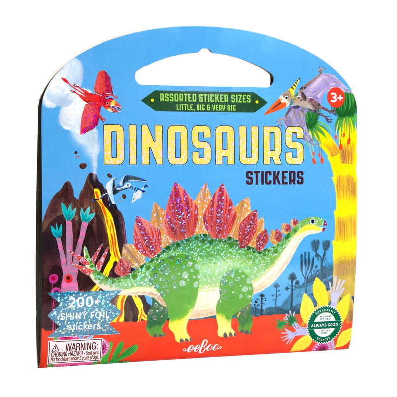 eeBoo: Libro di adesivi con dinosauri, oltre 200 adesivi scintillanti in 3 misure, piccolo, grande, maniglia per il trasporto, lamina arcobaleno, per bambini dai 3 anni in su