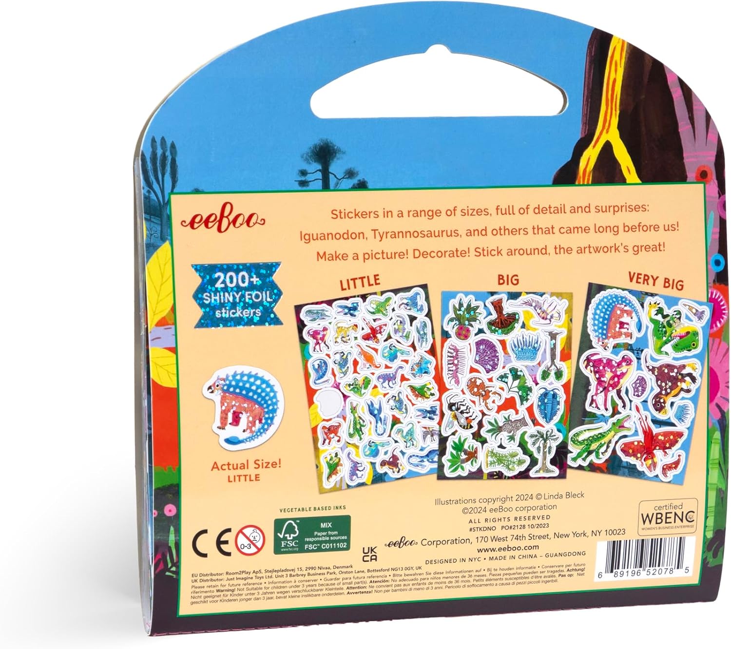 eeBoo: Libro di adesivi con dinosauri, oltre 200 adesivi scintillanti in 3 misure, piccolo, grande, maniglia per il trasporto, lamina arcobaleno, per bambini dai 3 anni in su