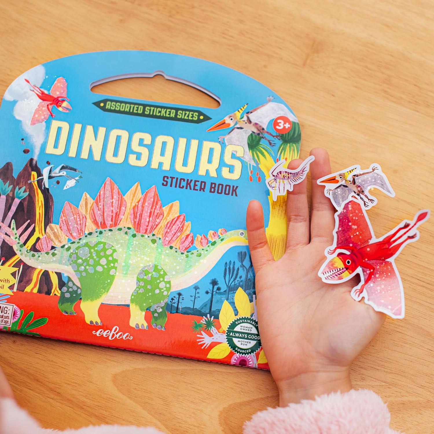 eeBoo: Libro di adesivi con dinosauri, oltre 200 adesivi scintillanti in 3 misure, piccolo, grande, maniglia per il trasporto, lamina arcobaleno, per bambini dai 3 anni in su
