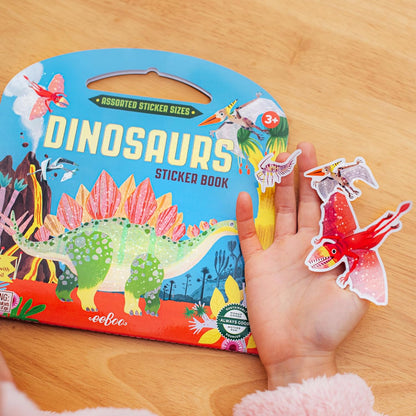 eeBoo: Libro di adesivi con dinosauri, oltre 200 adesivi scintillanti in 3 misure, piccolo, grande, maniglia per il trasporto, lamina arcobaleno, per bambini dai 3 anni in su