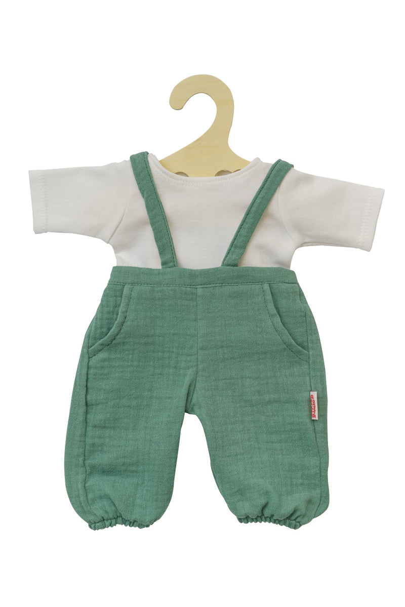 Heless 1416-Clothes 100% organic cotton, 2-Piece Set with Dungarees in Sage Green and White T-Shirt for Dolls and Stuffed Animals Size 28-35 cm, Green, White (1416)