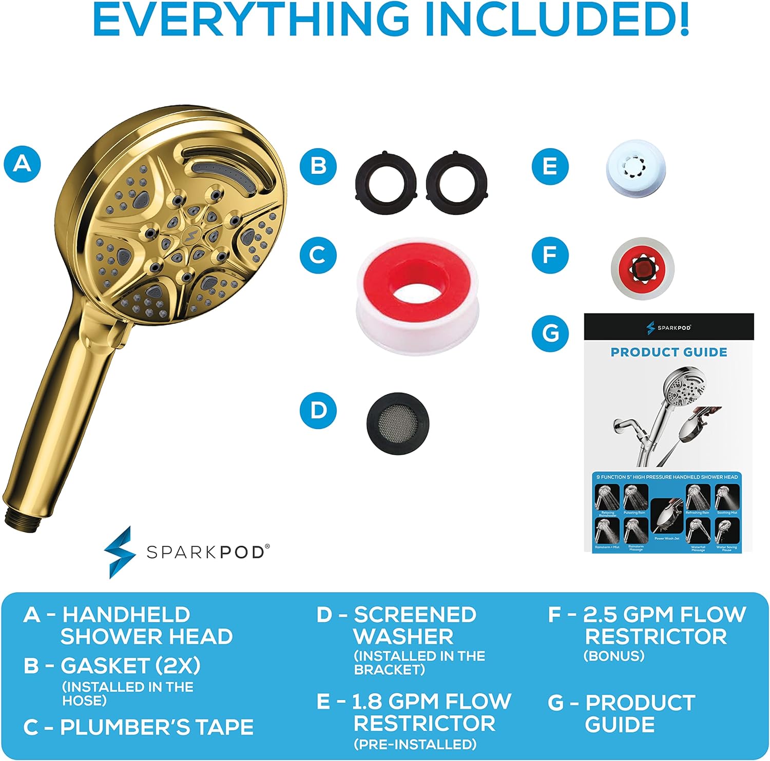 SparkPod 5`` 9 Spray Setting Shower Head with On/Off Chrome
