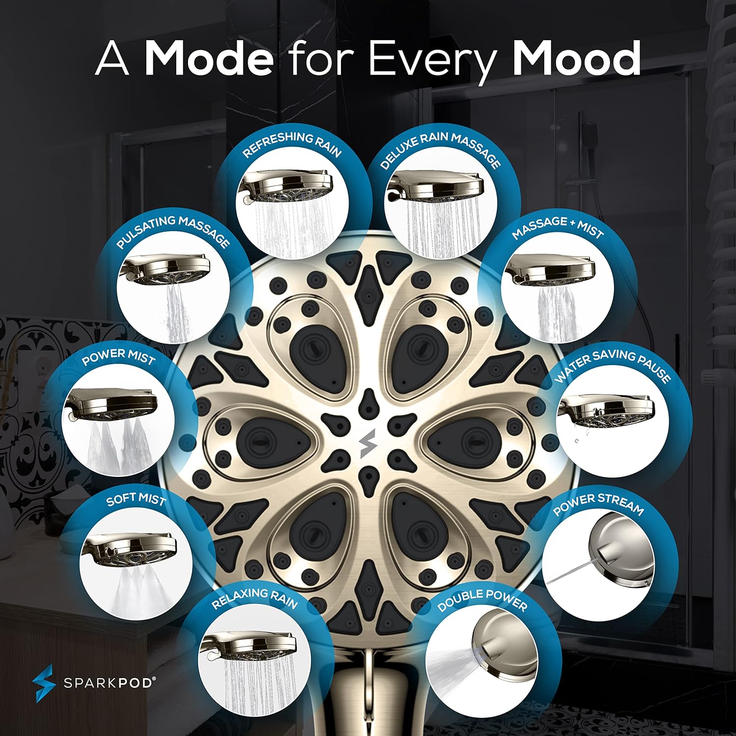 SparkPod 10 Setting High Pressure 5`` Shower Head Nickel
