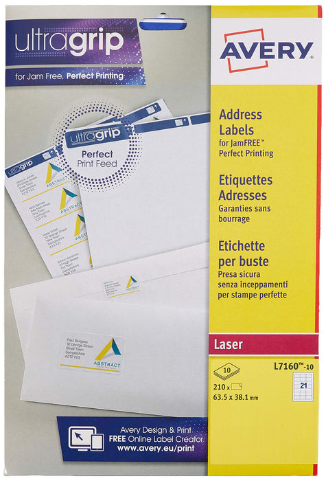 Avery Selbstklebende Adress-Adressetiketten (Amazon FBA Strichcode-Etiketten), Laserdrucker, 21 Etiketten pro A4-Bogen, 210 Etiketten, UltraGrip (L7160
