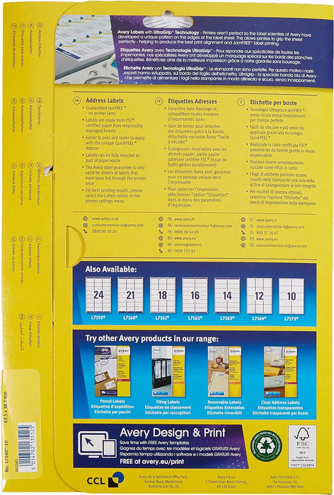 Avery Selbstklebende Adress-Adressetiketten (Amazon FBA Strichcode-Etiketten), Laserdrucker, 21 Etiketten pro A4-Bogen, 210 Etiketten, UltraGrip (L7160