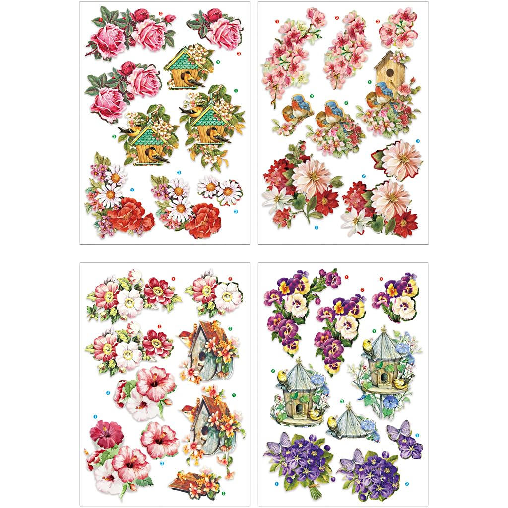 Die cut 3D Blumen und Vögel 4 Blatt