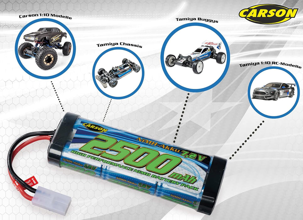 Carson 500608222-7.2 V/2500 mAh NiMH Race Battery TAM, Rechargeable, with Tamiya Plug, Battery Pack for RC Car, Replacement Battery Remote Controlled Vehicle, Model Making