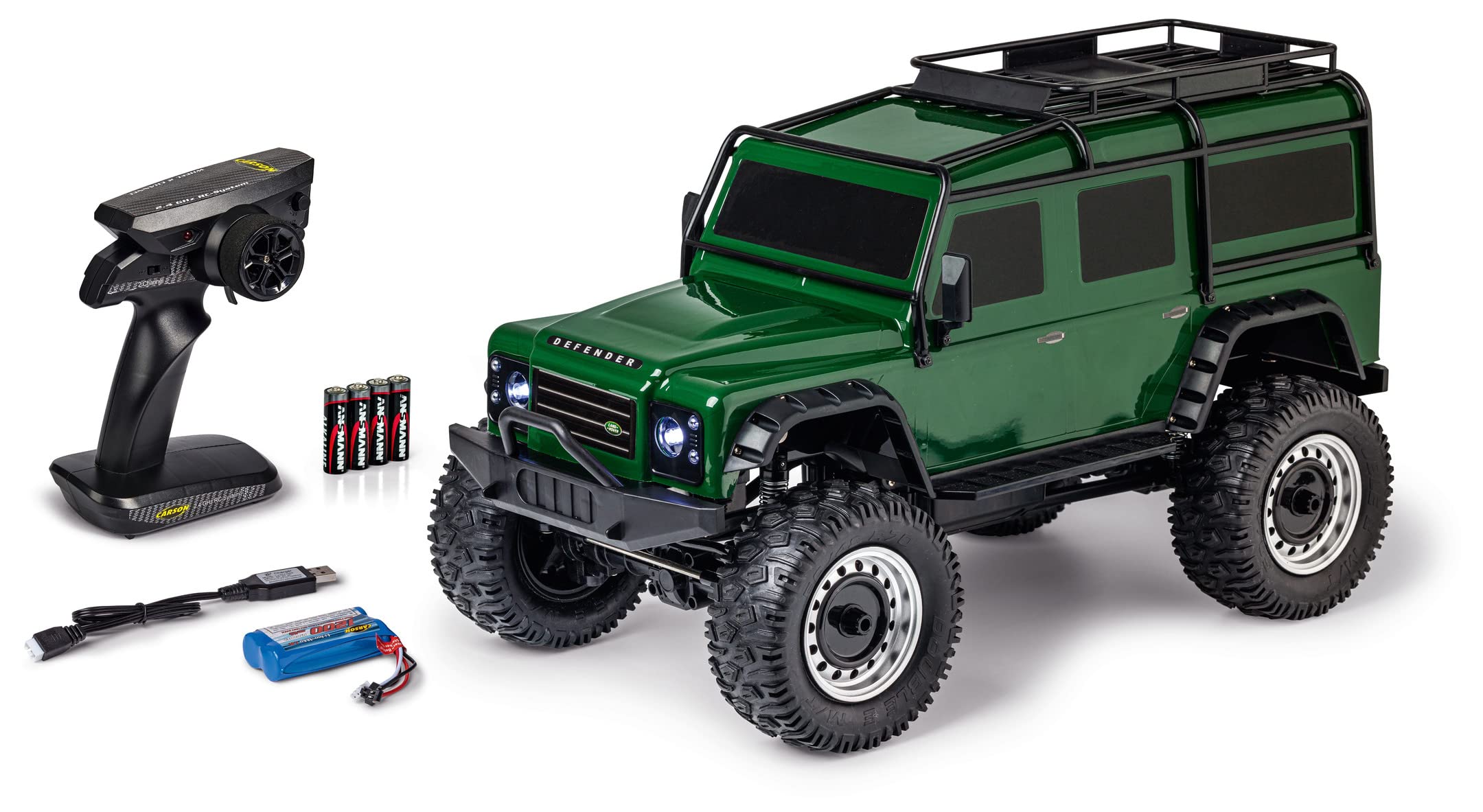 Carson Modellsport Carson 500404236 1:8 Land Rover Defender 100% RTR British Green Car, RC Vehicle, Includes Batteries and Remote Control, Speed km/h, Driving Time 20 Minutes