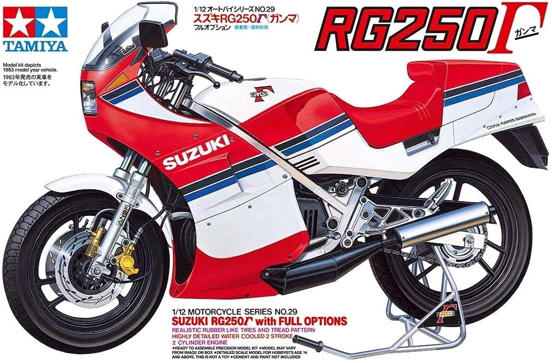 Tamiya 300114029 Suzuki Modelo de Moto Fahrzeug 1:12 RG250 R Gamma Full Options-réplica Original, plástico, Hobby, Pegamento, Kit de modelismo, Montaje, sin Pintar, Color unvarnished, Mittel (14029