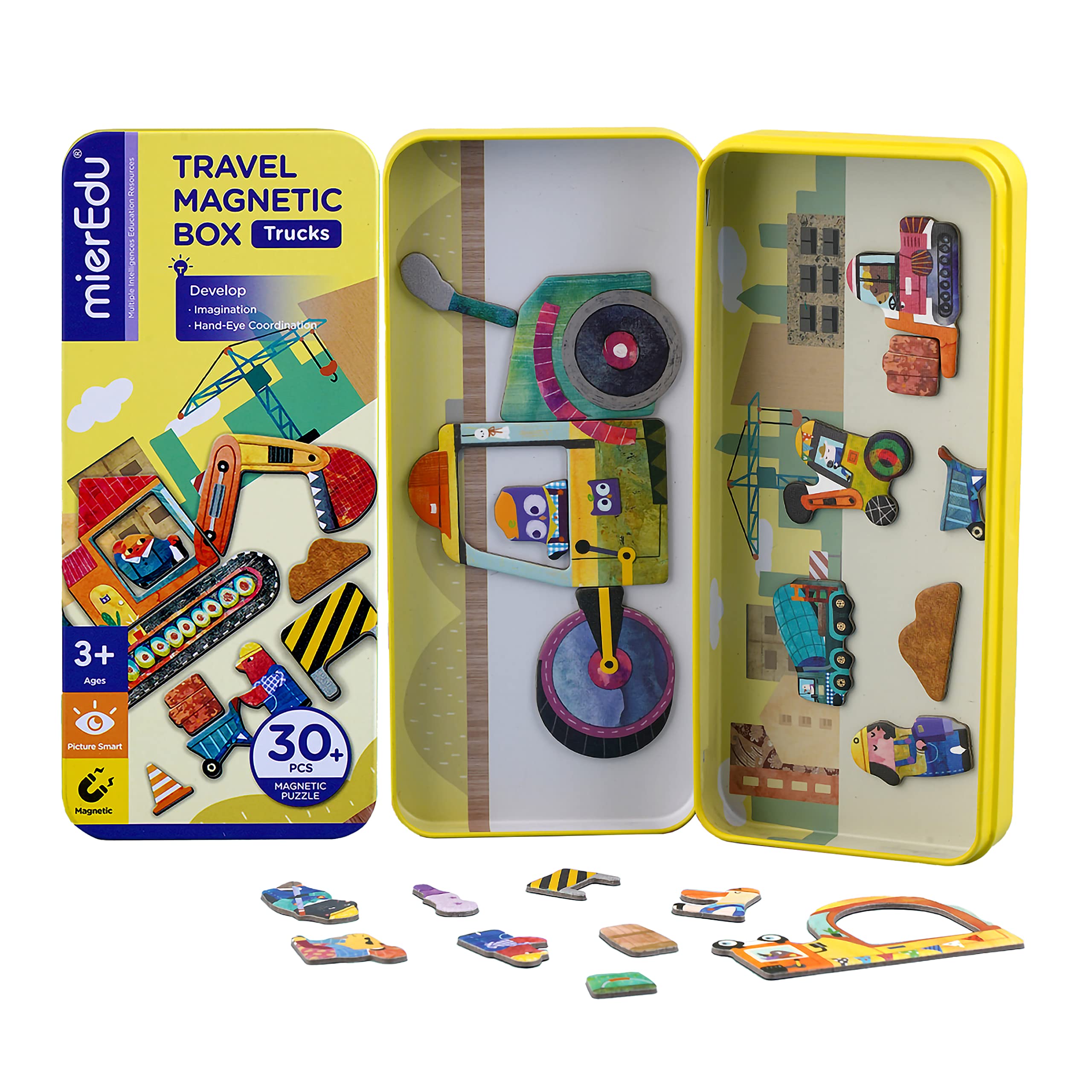 mierEdu Magneetspeelbox, trucks, bevordert de motoriek en fantasie. Ideaal voor thuis en als reisspel voor kinderen, magnetisch speelgoed voor kinderen, speelgoed vanaf 3 jaar