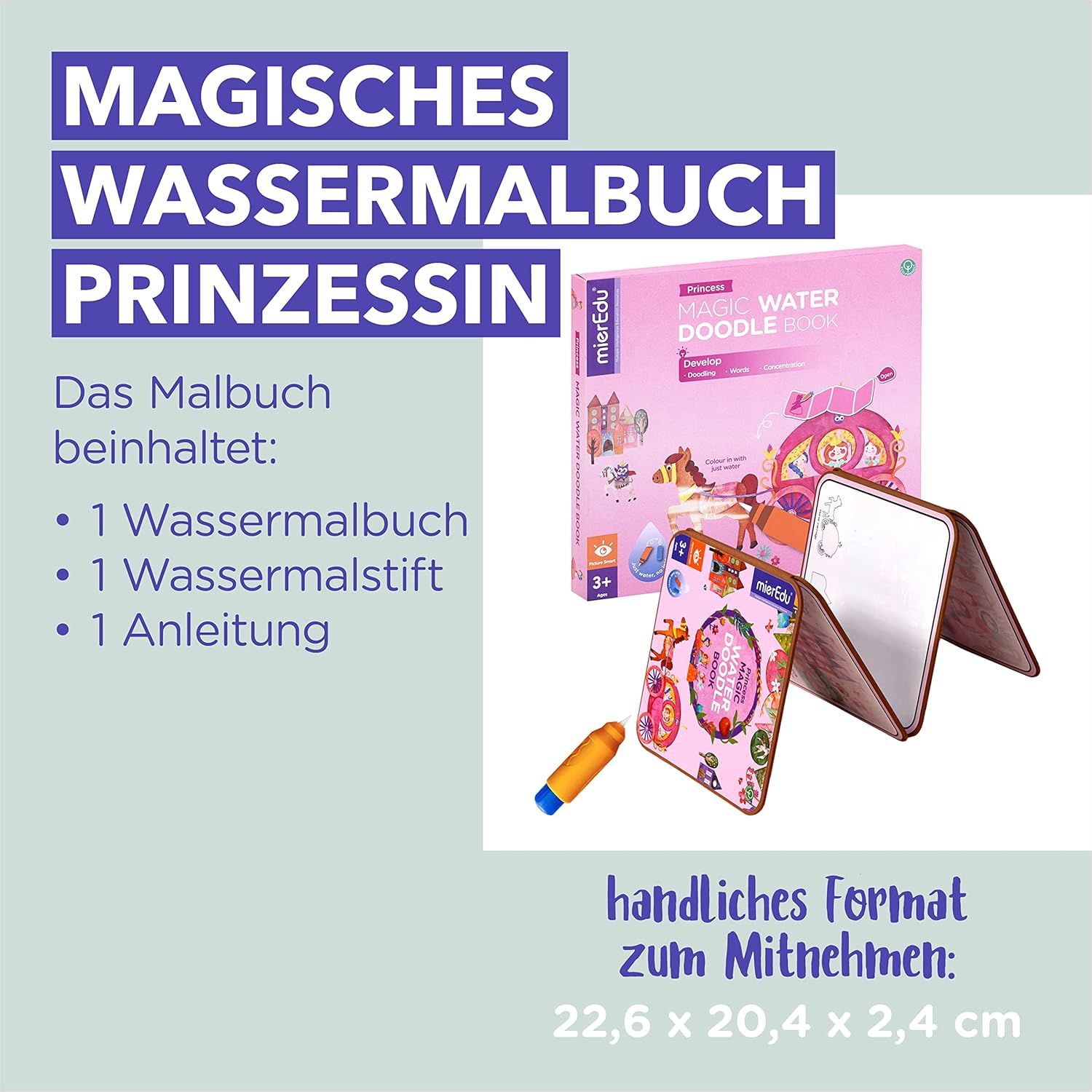 mierEdu Magisches Wassermalbuch - Prinzessin I Zaubermalbuch +Doodle Pen für Reisen I Fördert Kreativität+Zeichnen I Malbuch ab 3 Jahren I Water Doodle