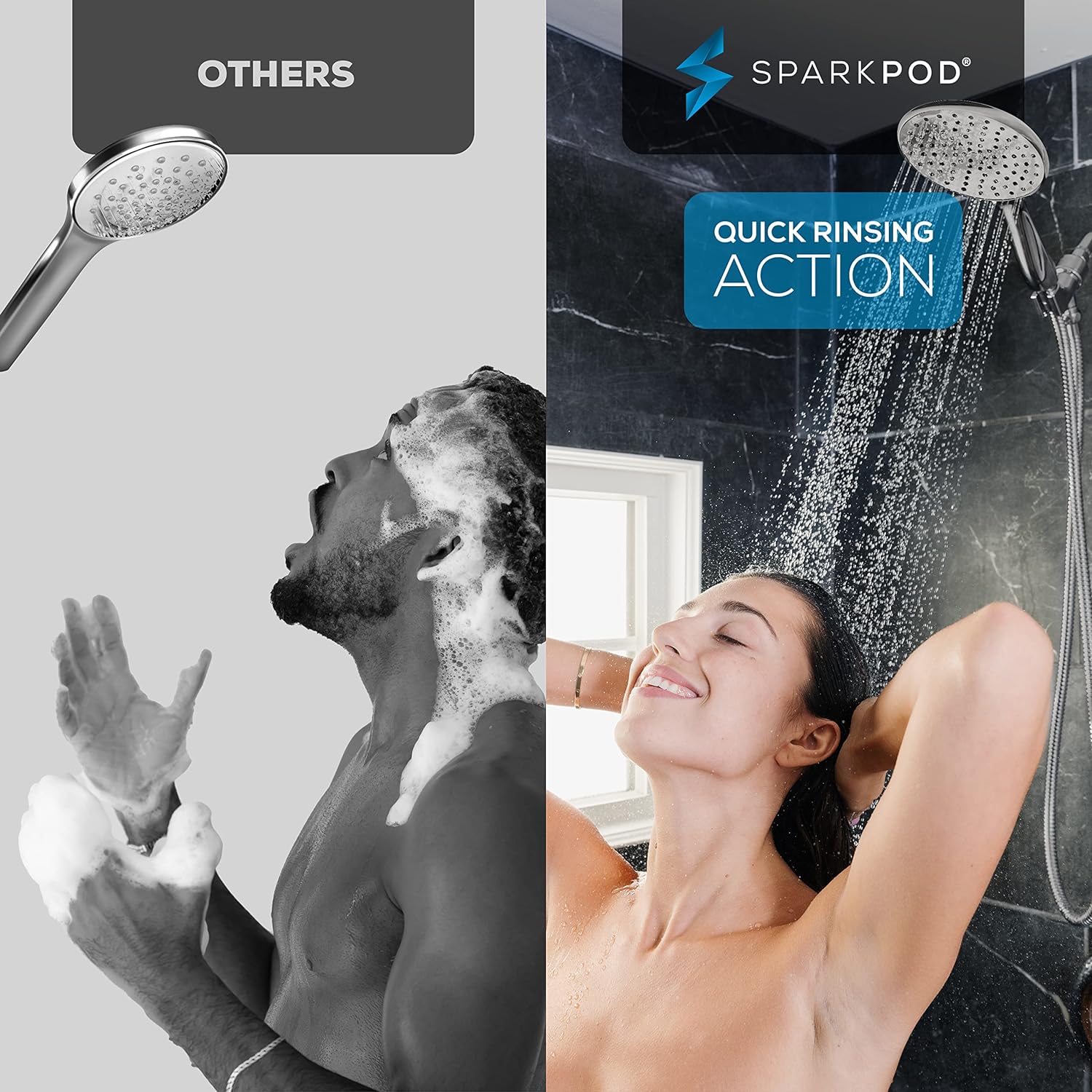 SparkPod High Pressure Handheld Shower Head + 6`` Hose Grey
