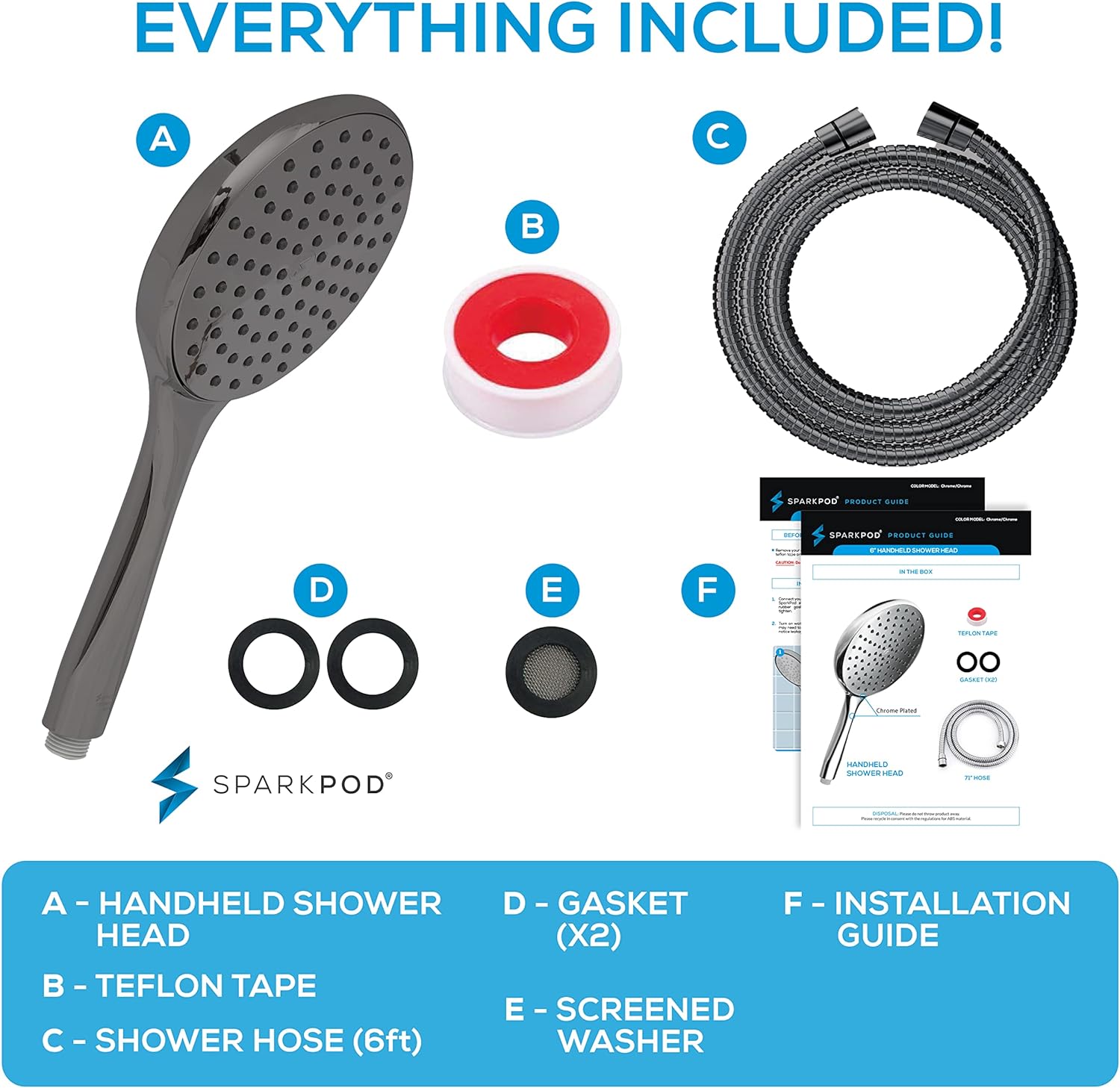 SparkPod High Pressure Handheld Shower Head + 6`` Hose Grey
