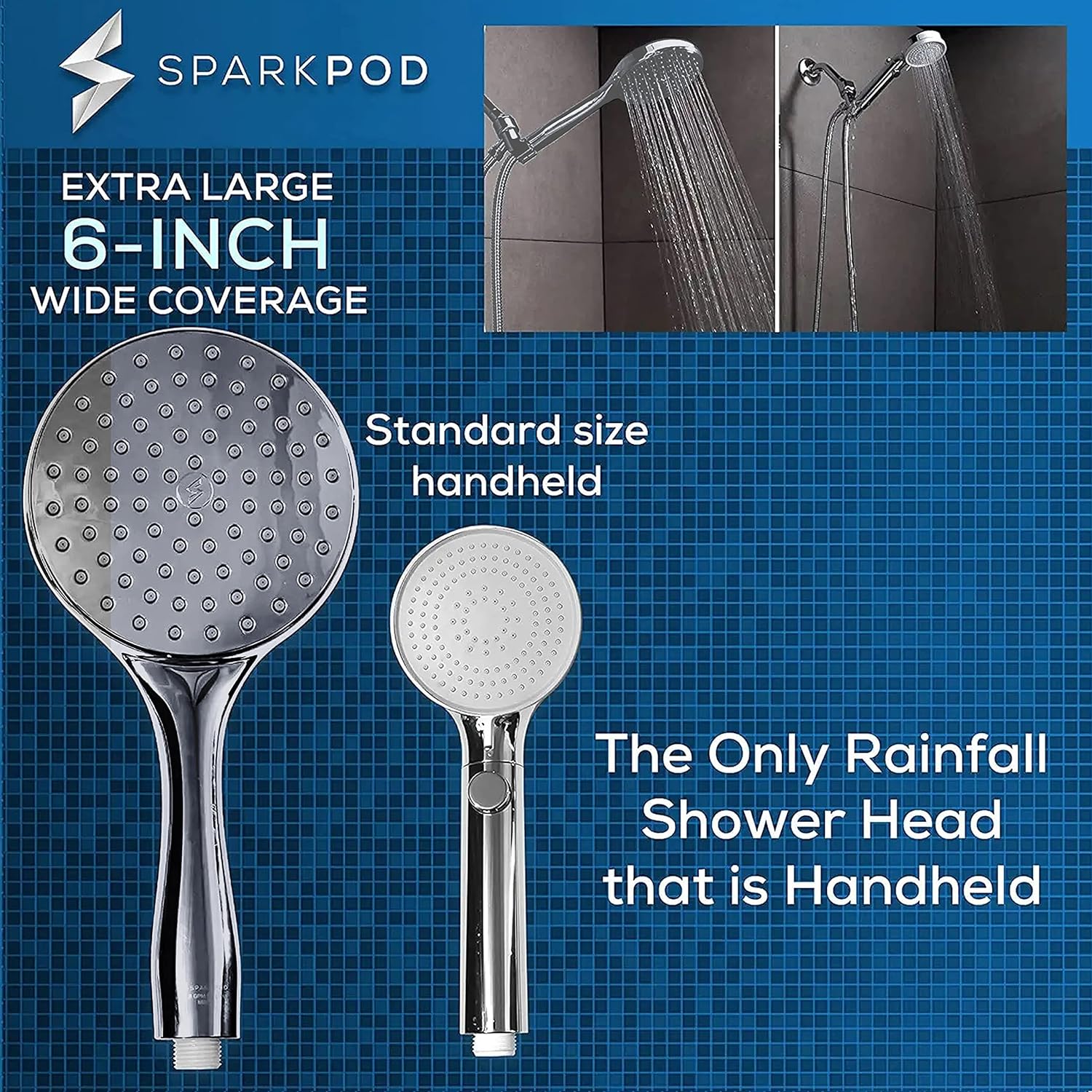 SparkPod High Pressure Handheld Shower Head + 6`` Hose Grey