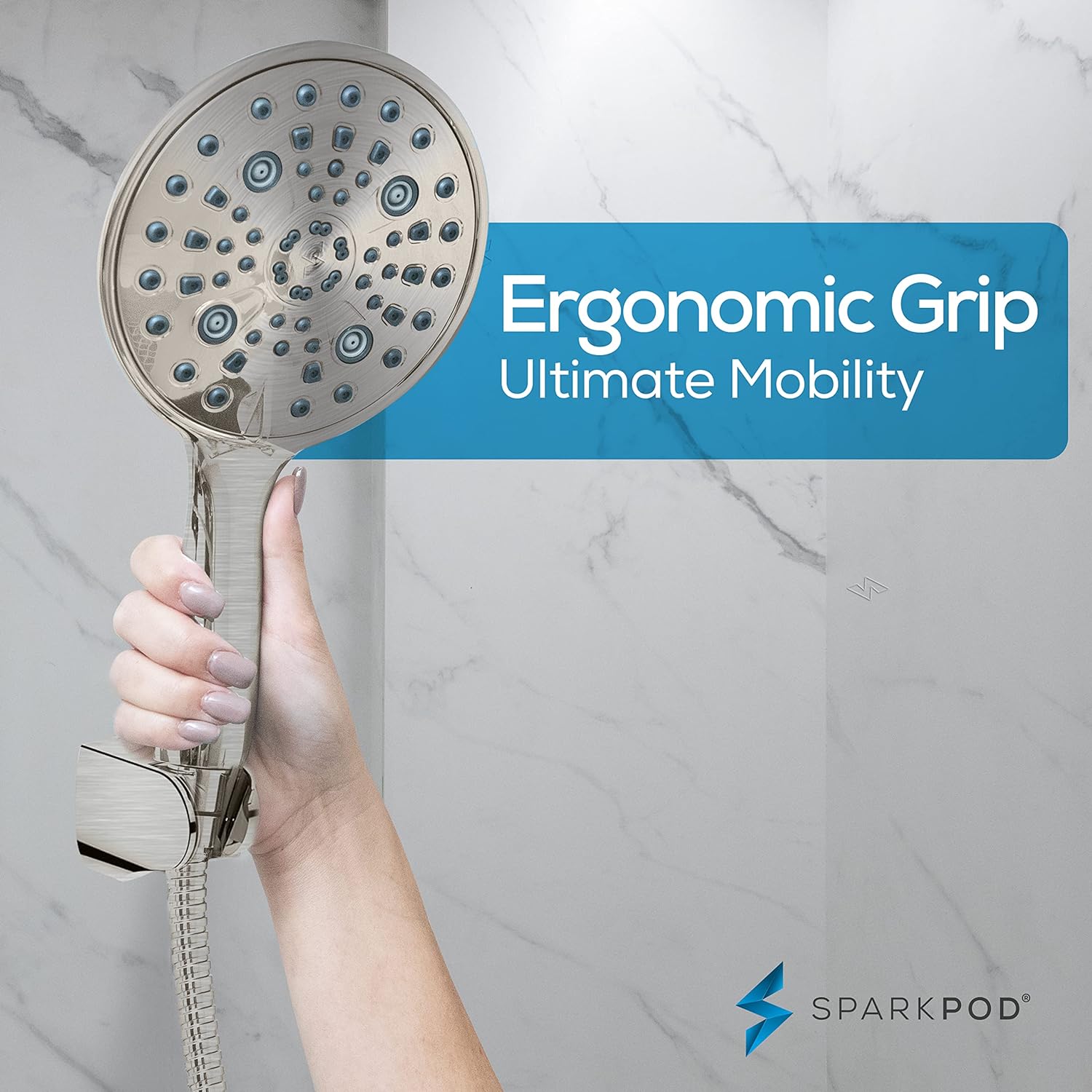 SparkPod 6 Function High Pressure Shower Head 6`` Wide Nickel
