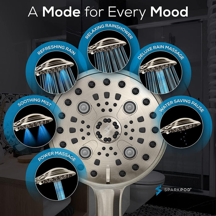SparkPod 6 Function High Pressure Shower Head 6`` Wide Nickel