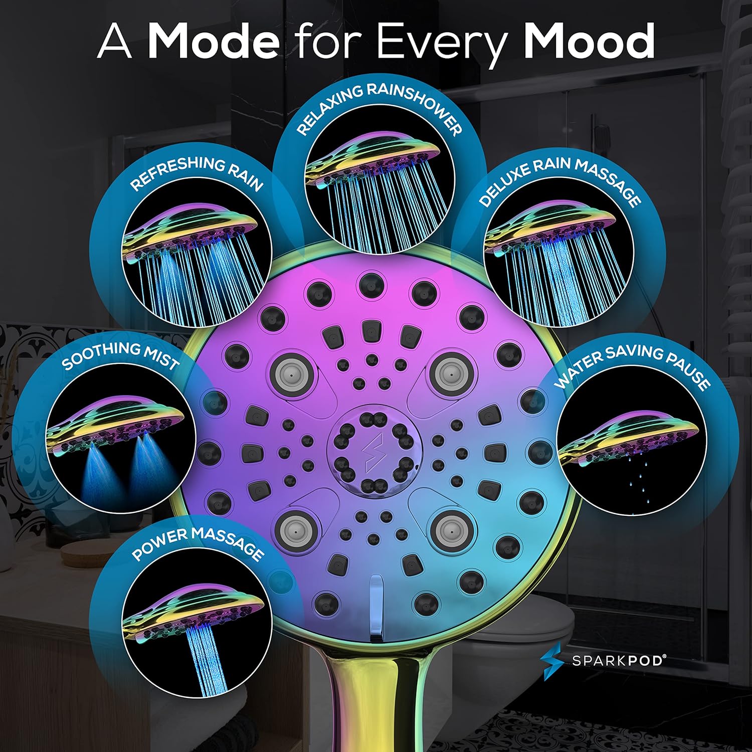 SparkPod 6 Function High Pressure Shower Head Rainbow Colour