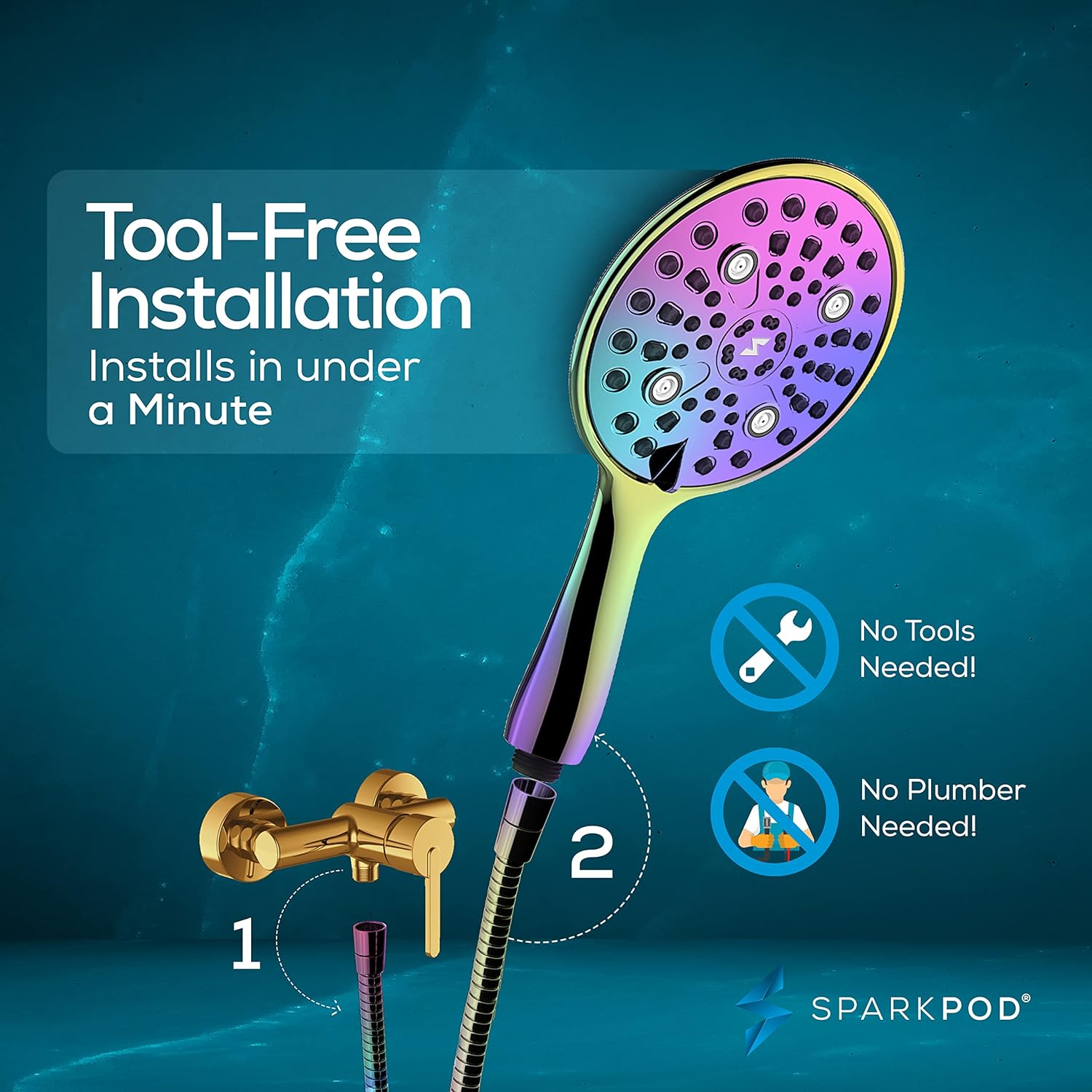 SparkPod 6 Function High Pressure Shower Head Rainbow Colour