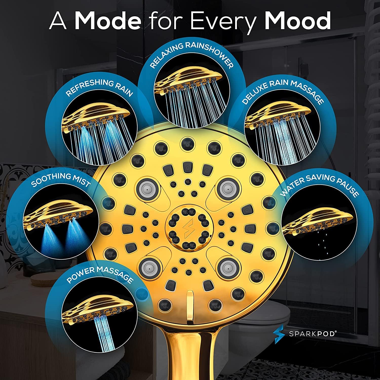 SparkPod High Pressure 6 Function 6`` Shower Head Gold