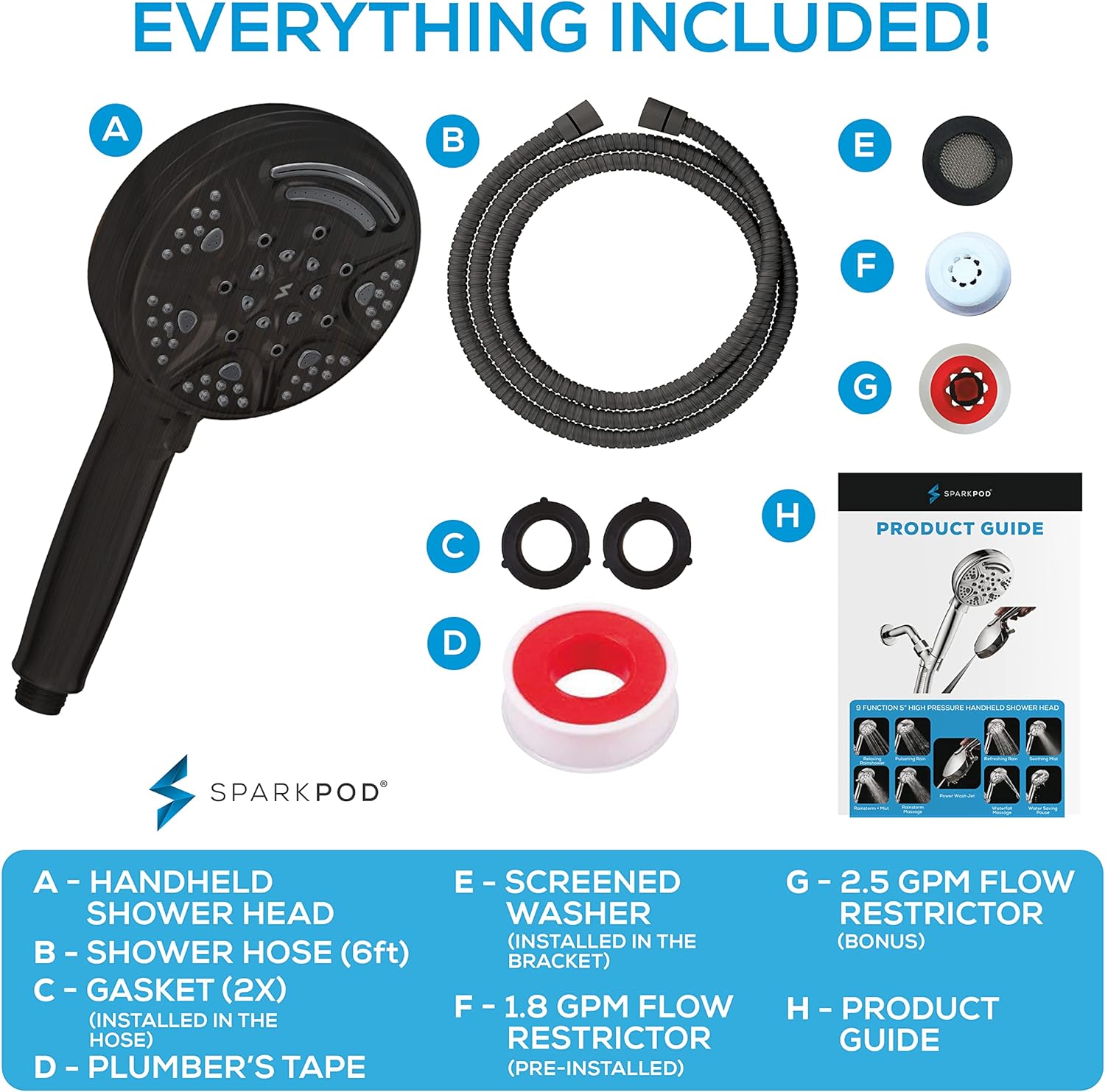 SparkPod 5`` 9 Spray Setting Shower Headwith On/Off Bronze