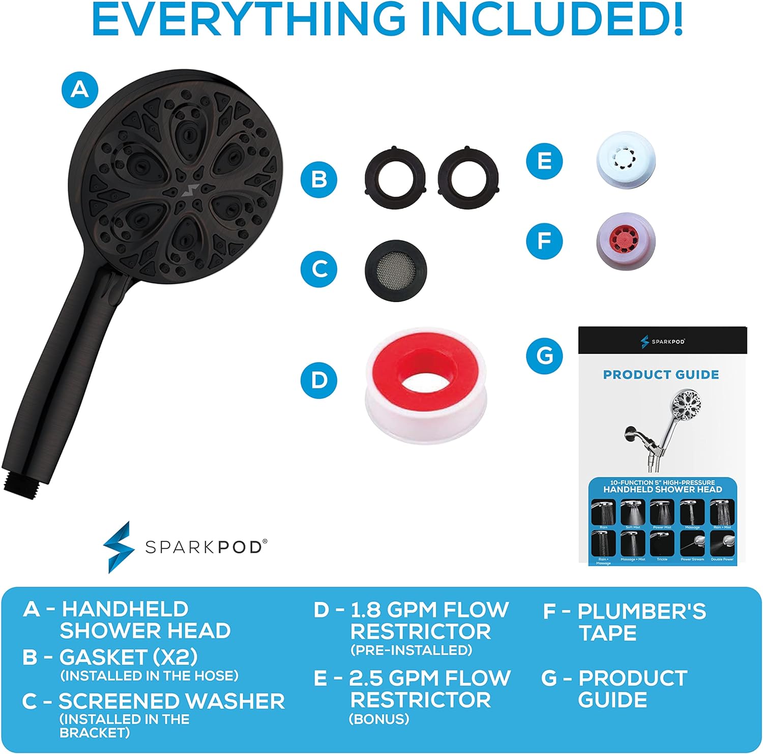 SparkPod Shower Head High Pressure and 10 Settings Bronze