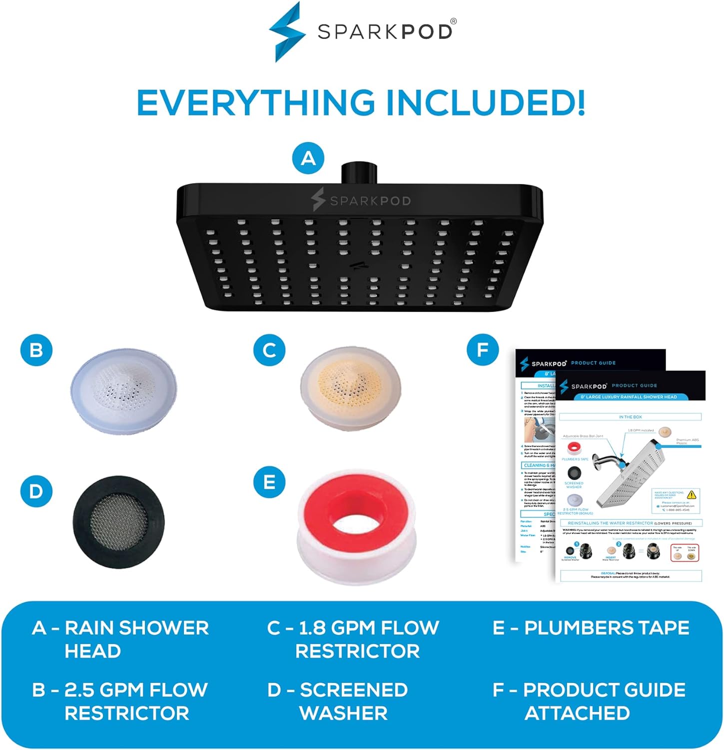 SparkPod Shower Head 8`` Square Matte Black