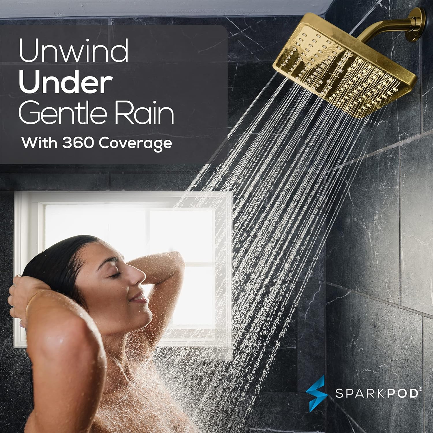 SparkPod Fixed Shower Head   High Pressure 20cm Square Gold