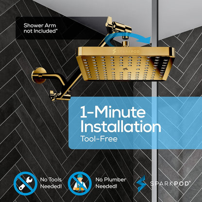 SparkPod Fixed Shower Head   High Pressure 20cm Square Gold