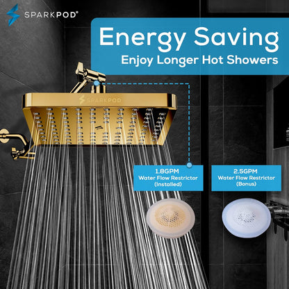 SparkPod Fixed Shower Head   High Pressure 20cm Square Gold