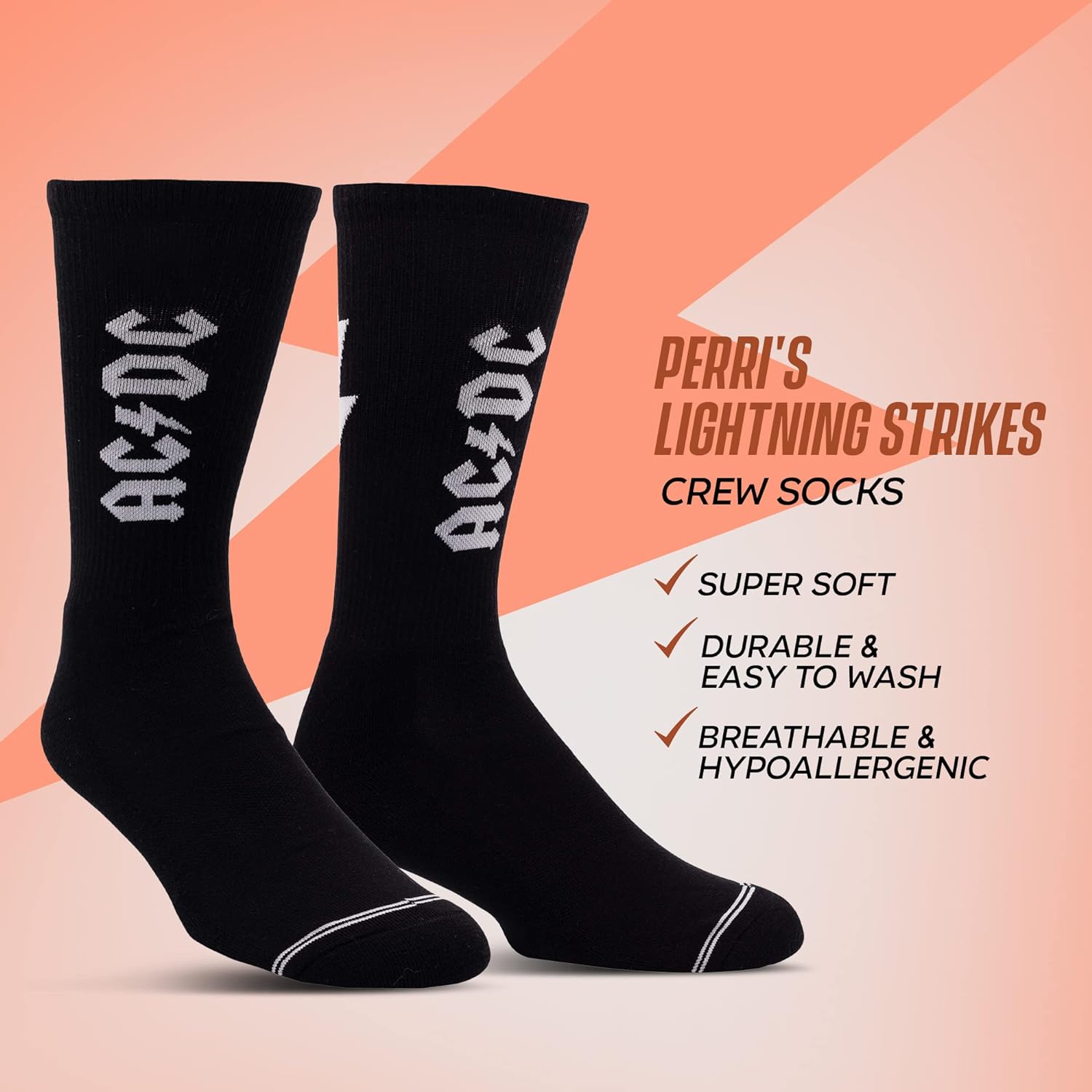 PERRI'S SOCKS - ACDC Premium Crew Socks, Officially Licensed Rock Band Novelty Socks, Cushioned Fun Socks for Men & Women