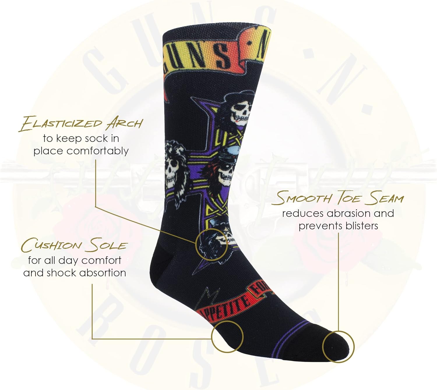 Guns N’ Roses Short Crew Socks, Officially Licensed Rock Band Novelty Socks, Premium Cushioned Socks for Men and Women