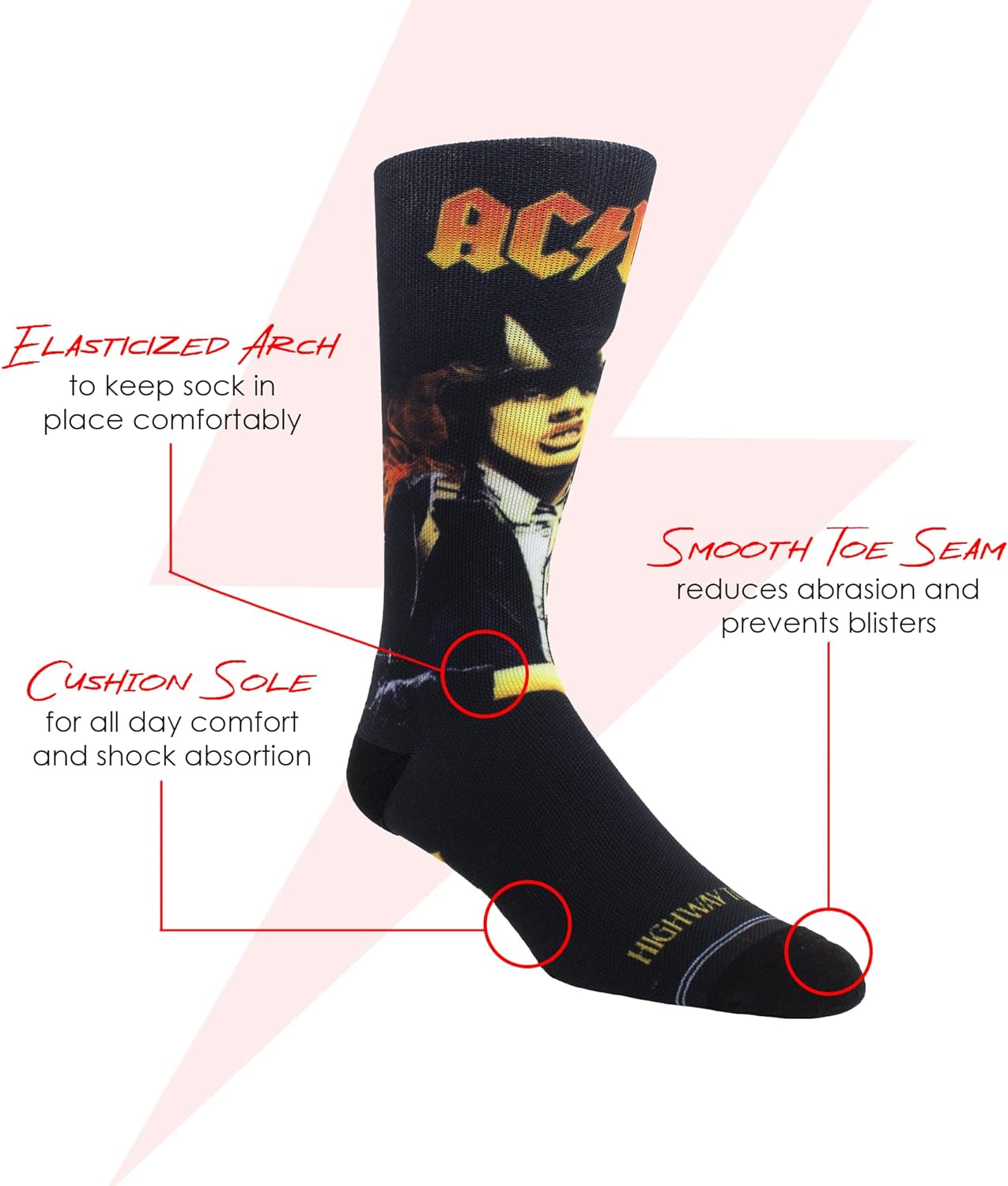 PERRI'S SOCKS - ACDC Premium Crew Socks, Officially Licensed Rock Band Novelty Socks, Cushioned Fun Socks for Men & Women