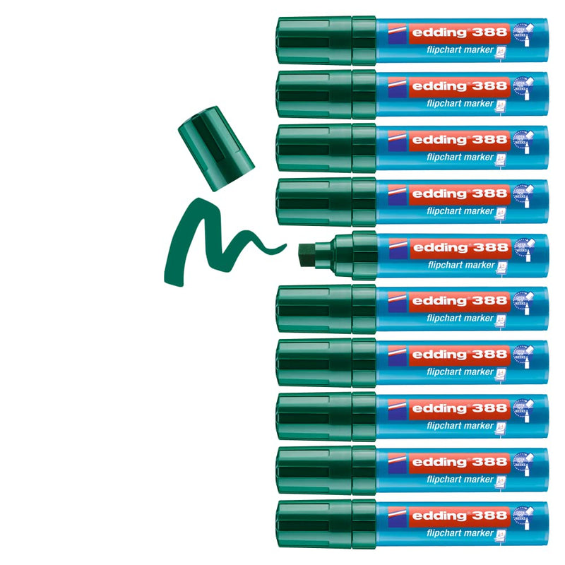 edding 388 flipchart marker - green - box of 10 - chisel nib 4-12 mm - marker for writing, drawing and marking on flipchart paper - does not bleed through - does not dry out