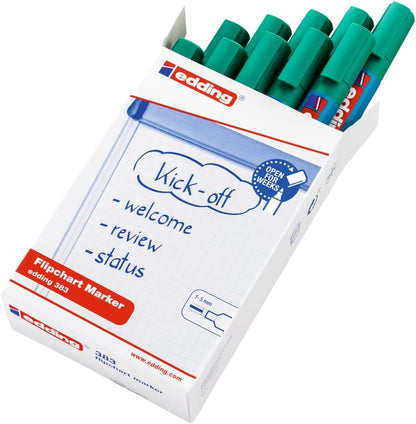 edding 388 flipchart marker - green - box of 10 - chisel nib 4-12 mm - marker for writing, drawing and marking on flipchart paper - does not bleed through - does not dry out