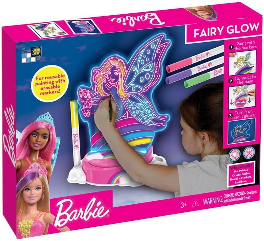 Barbie Fairy Glow Paint N' Light | Kit di pittura e luce Glow | 4 pennarelli e base per lampada a LED, luce notturna, gioco creativo, arti e mestieri, dai 3 anni in su