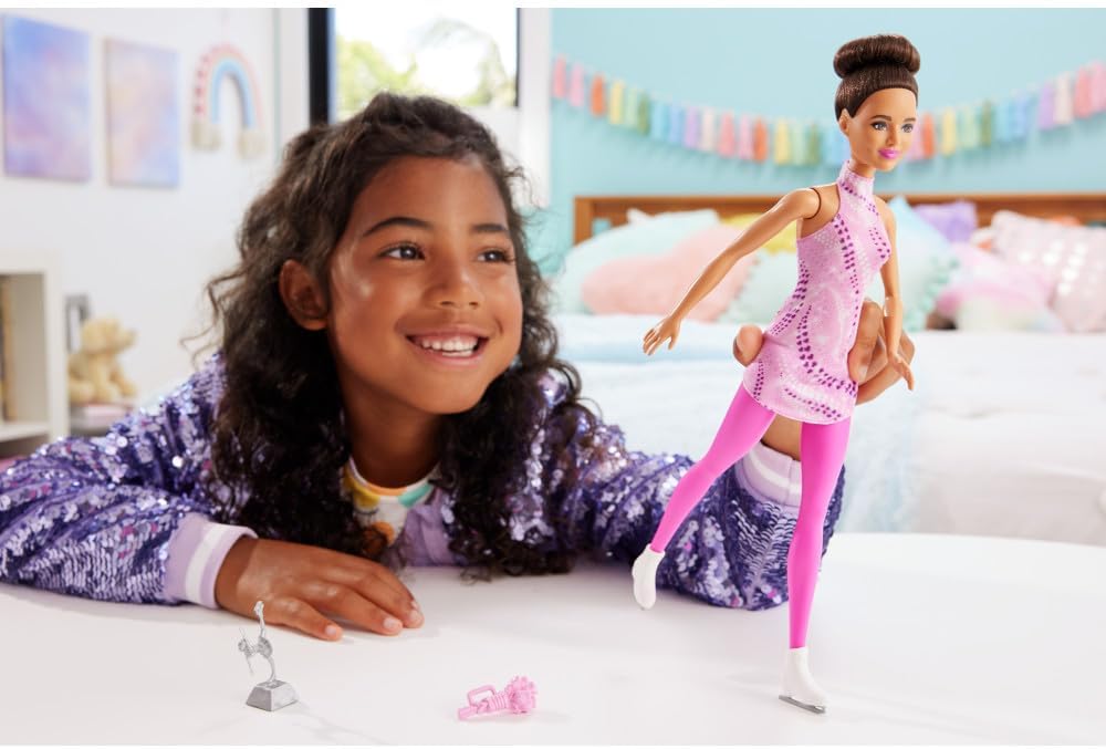 Barbie Careers Fashion Doll & Accessories, Brunette in Removable Pink Skate Outfit with Ice Skates & Trophy, HRG37