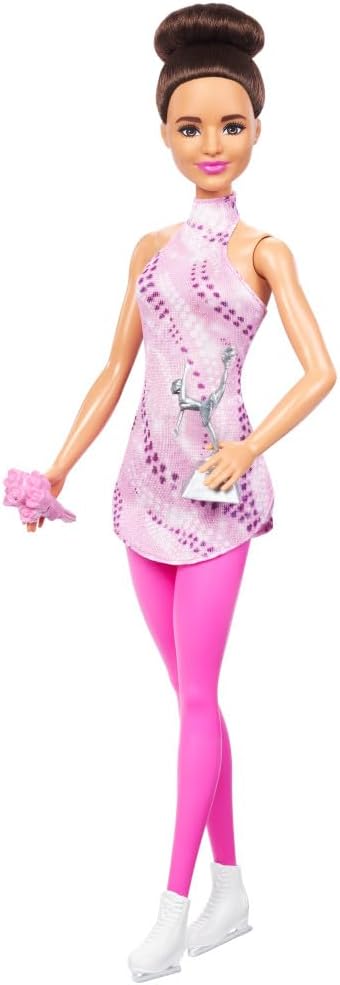 Barbie Careers Fashion Doll & Accessories, Brunette in Removable Pink Skate Outfit with Ice Skates & Trophy, HRG37