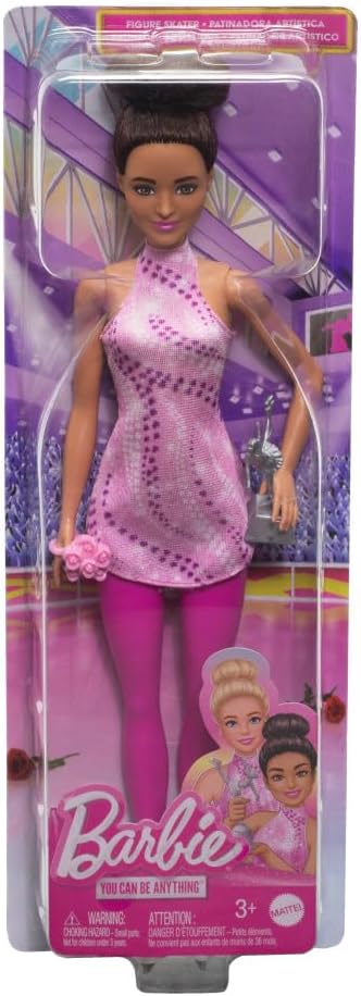 Barbie Careers Fashion Doll & Accessories, Brunette in Removable Pink Skate Outfit with Ice Skates & Trophy, HRG37
