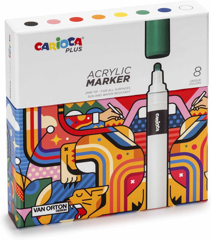 Carioca Plus Markeerstift van acryl, zon- en waterbestendig, punt Ø 2 mm, stijve verpakking, 8 stuks