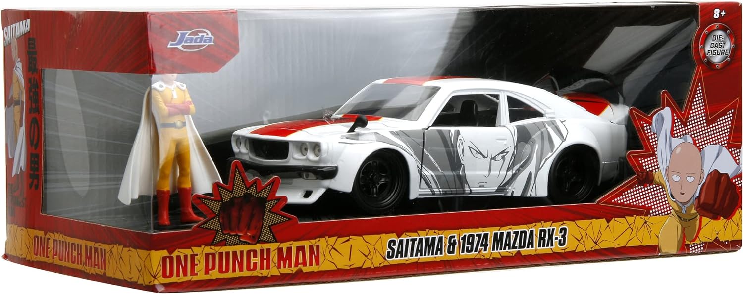 Jada One Punch Man 1:24 1974 Mazda RX-3 1:24 Die-cast Car & 2.75" Saitama Figure, Toys for Kids and Adults