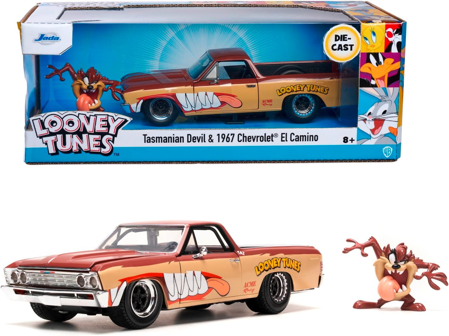 JADA Looney Tunes Chevy EL Camino including Tazmanian Devil Figure, Metal Model Car, 1:24, Doors for Opening, 19 cm, for Fans and Children from 8 Years