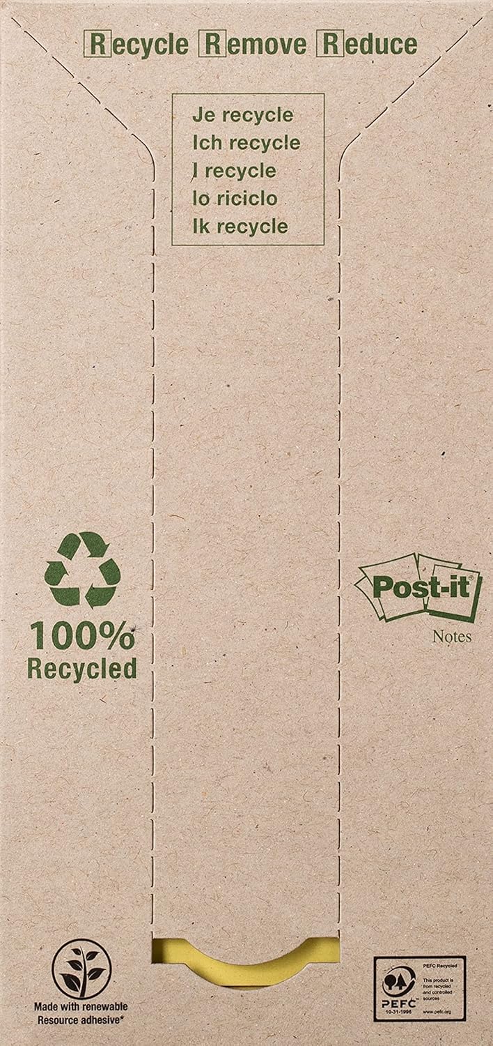 Post-it Recycled Notes - Canary Yellow - Tower Pack Of 16 Pads 100 Sheets Per Pad