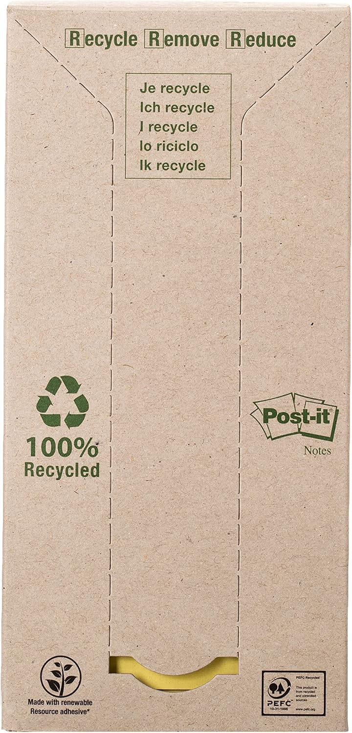 Post-it Recycled Notes - Canary Yellow - Tower Pack Of 16 Pads 100 Sheets Per Pad