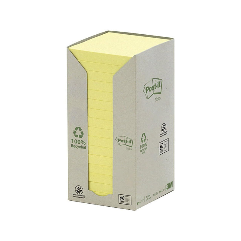 Post-it Recycled Notes - Canary Yellow - Tower Pack Of 16 Pads 100 Sheets Per Pad