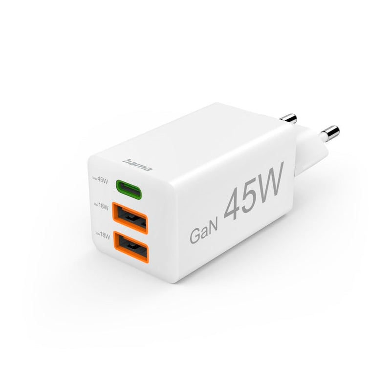 Hama Schnellladegerät, GaN, 1x USB-C PD, 2x USB-A QC, Mini-Ladegerät, 45 W, white USB charger I