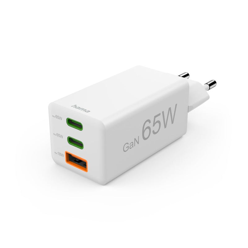 Hama Schnellladegerät, 2x USB-C PD, 1x USB-A QC, Mini-Ladegerät, 65W, Weiß USB-Ladegerät Innenbe