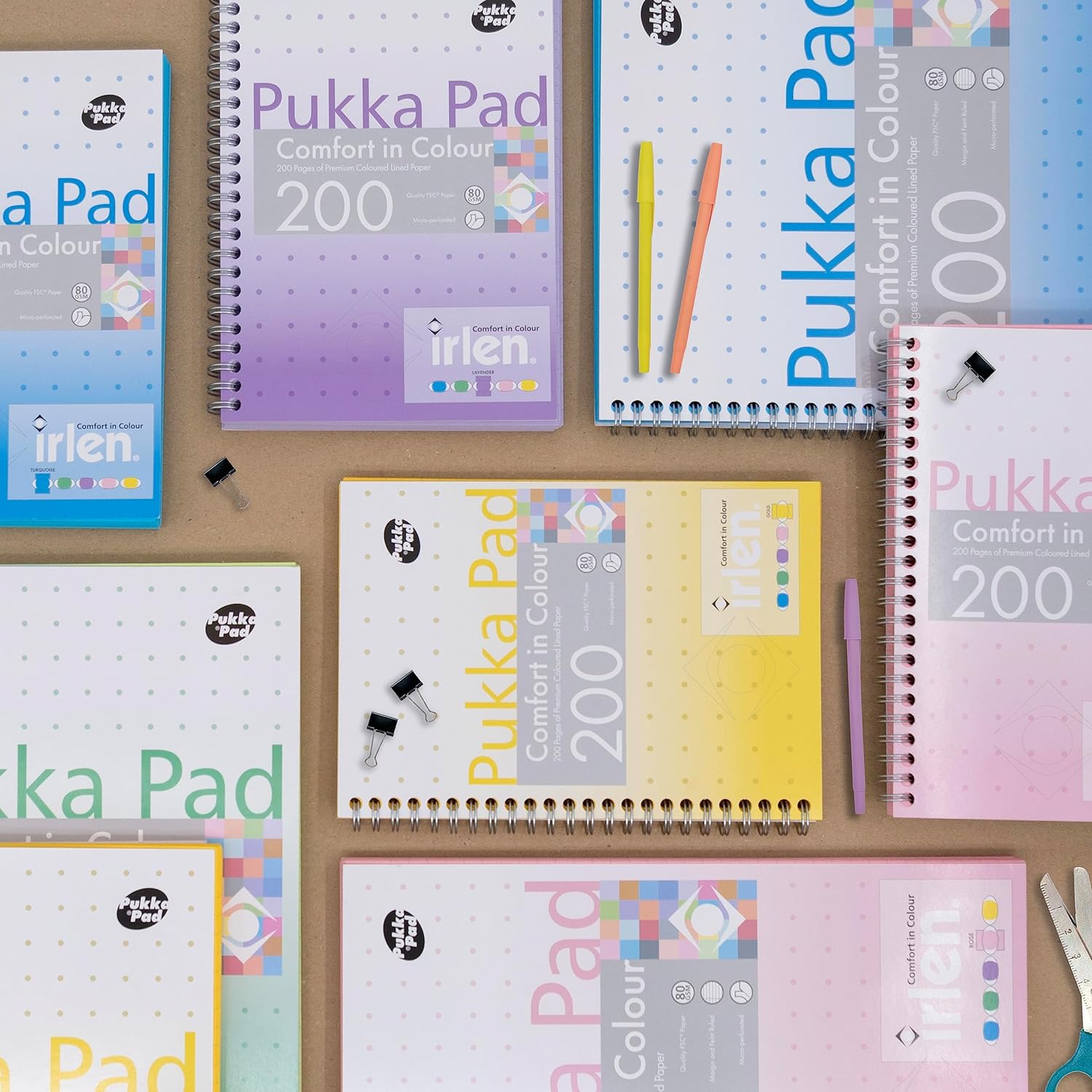 Pukka Pad, Irlen Jotta Pad A4 Notebook 3-Pack – Wire Bound Notepad 200 Pages of 80GSM Coloured FSC Certified Lined Paper – Designed for Visual Perception Difficulties – 29.7 x 23cm